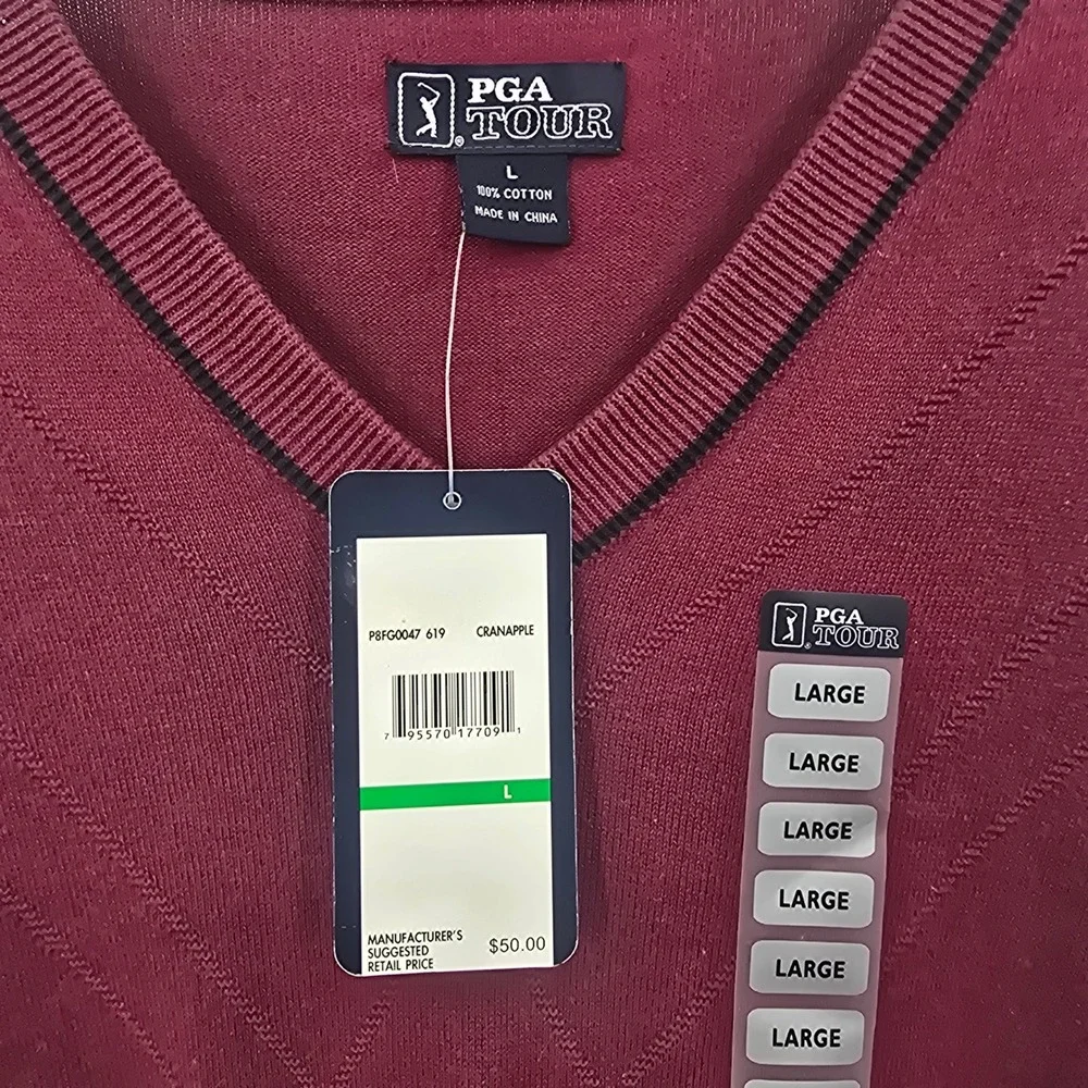 NEW PGA TOUR Sweater Mens L V-Neck Vest Cranapple Red Knit Cotton Golf